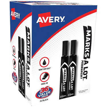Avery Marks-A-Lot Permanent Markers, Chisel Tip, Black, 36/Pack (98206)